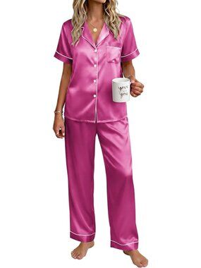 Women's Rose Red Silky Short Sleeve Button Down Loungewear Pajama Set